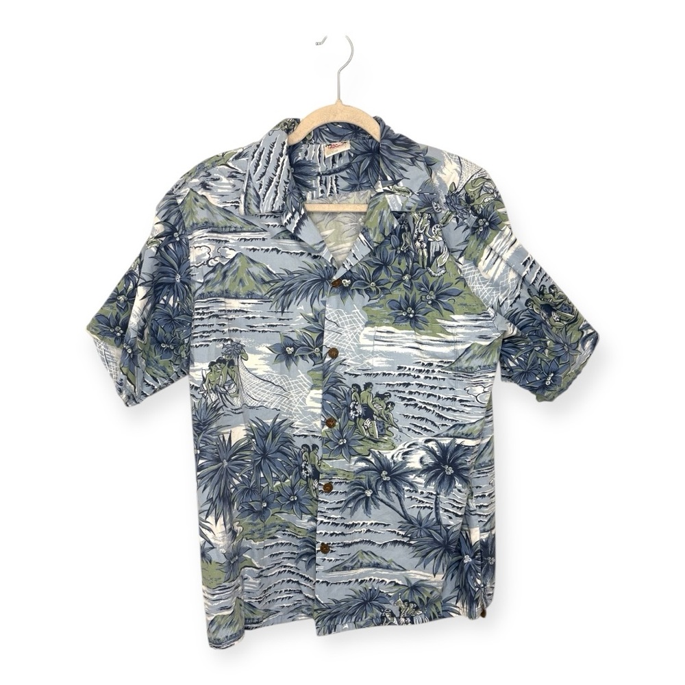 Vintage Go Barefoot Hawaiian Aloha Shirt Blue Green Palm Island Vacation Large